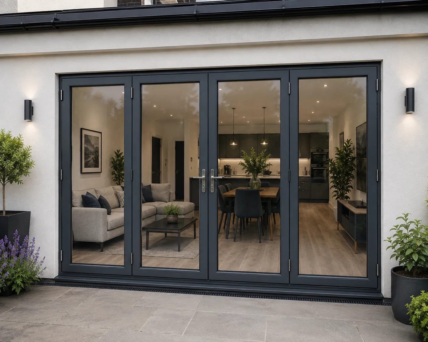 Dark-grey four-panel bifold doors across a wide opening