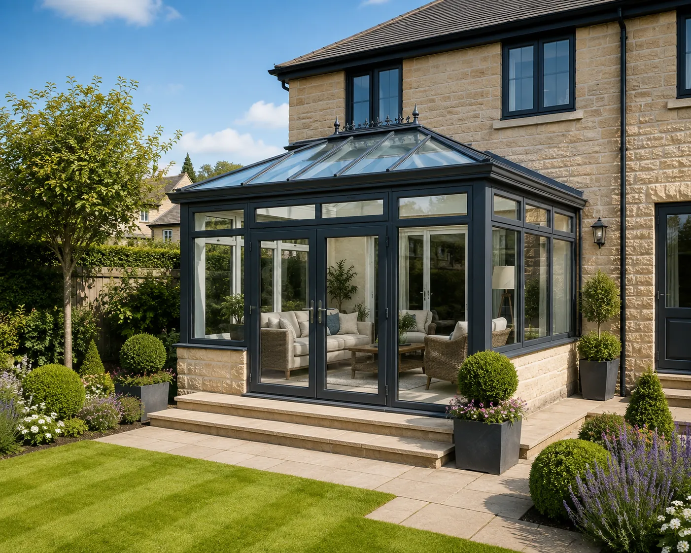 Light-filled conservatory with a glazed roof