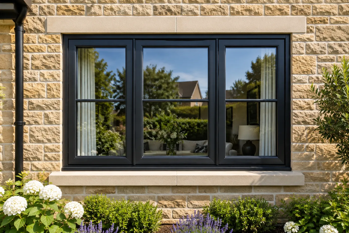 Bright lounge with a three-pane replacement window