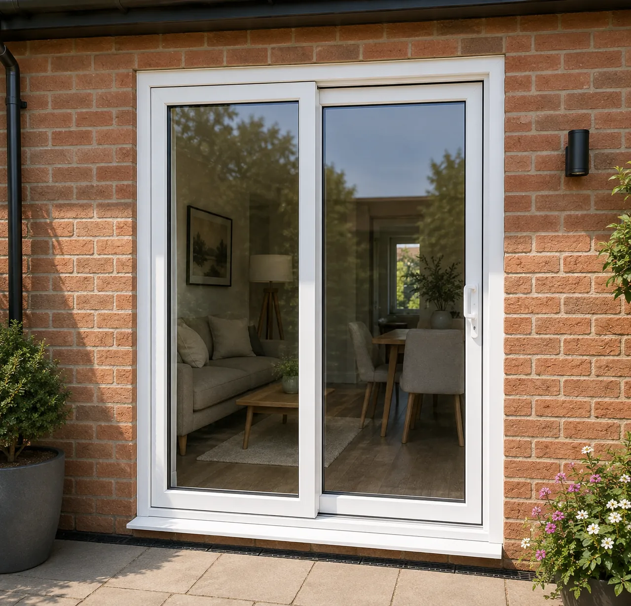 White uPVC patio doors opening towards a garden